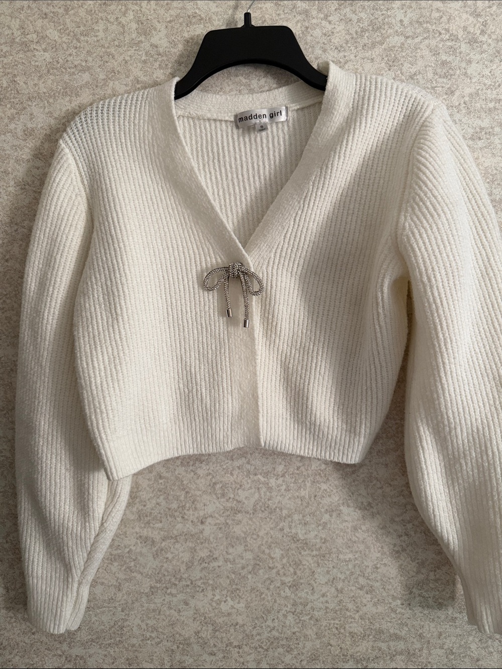 Madden Girl Ivory Ribbed Tie-Front Cropped Cardigan